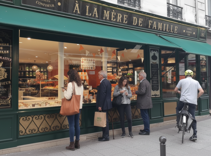 Morning bread queue at Rue Cler bakery with locals chatting