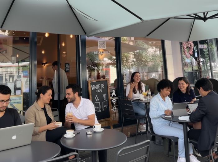 Afternoon café on Rue Oberkampf with laptop workers