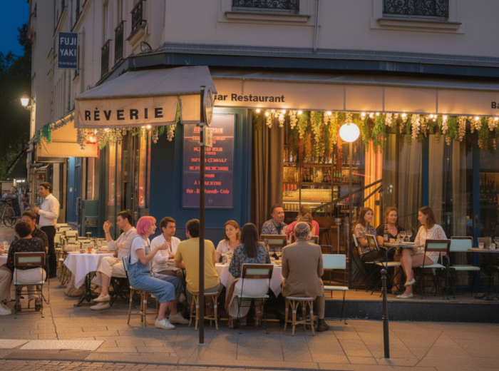 Late night bar scene on street spreading east from Place de la Bastille