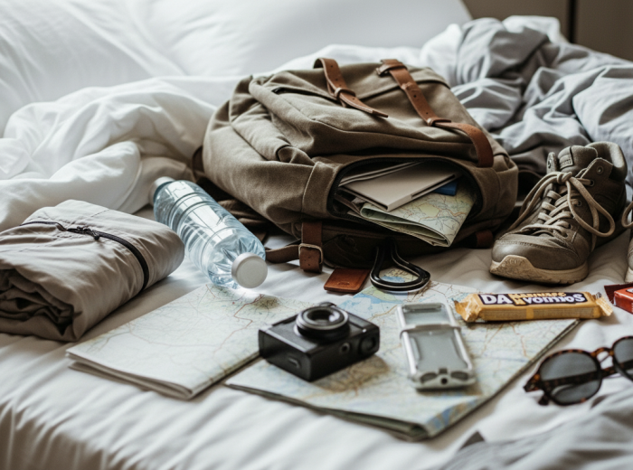 Day trip essentials including backpack and comfortable walking shoes