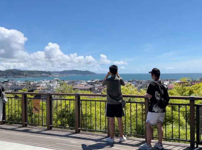 Hase-dera Temple hillside gardens with ocean views beyond the roofs