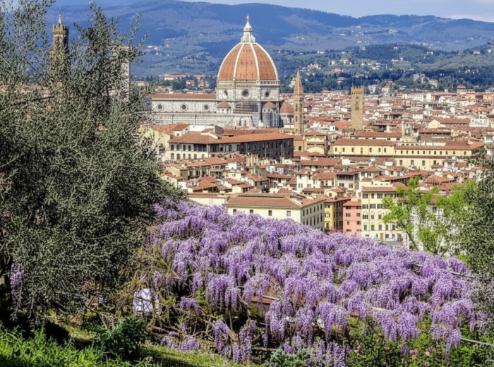 Wisteria-covered pergola at Bardini Gardens overlooking Florence rooftops
