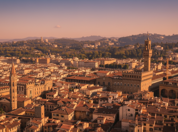 Evening light illuminating Florence's terracotta rooftops from above