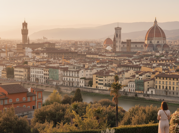 Dawn light over Piazzale Michelangelo with Arno and hills