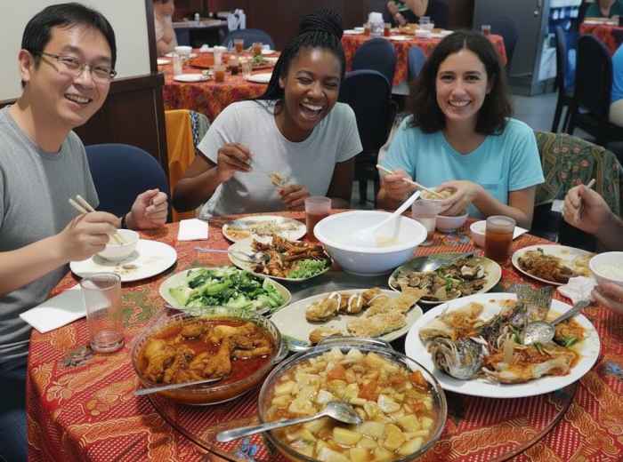Peranakan dishes spread family-style showing Chinese-Malay fusion flavors