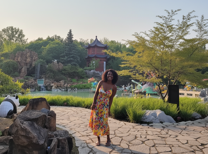 Montreal Botanical Garden Chinese pavilion with pond and autumn foliage