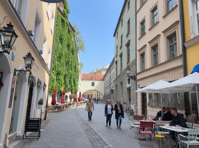Street in Marienplatz with cafes and shops