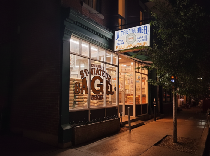 Mile End bagel window at midnight