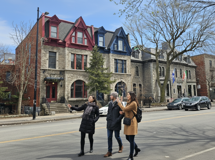 Tourists guided down a quiet street