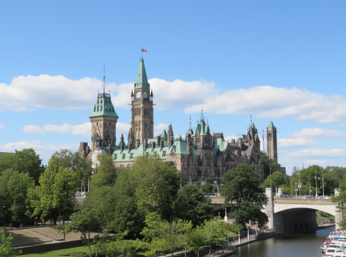 Parliament Hill buildings with Peace Tower in Ottawa