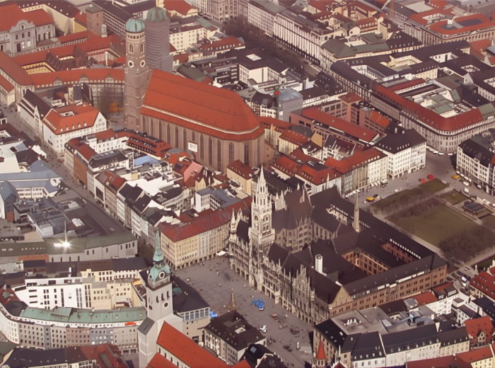 Aerial view of Munich's neighborhoods with Isar River cutting through