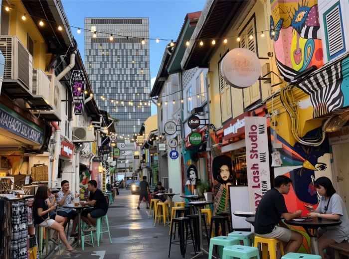 Kampong Glam street murals with young crowd and performers at night