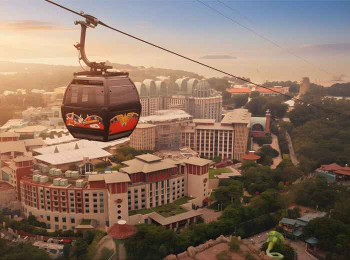 Singapore Cable Car at dusk with harbor and container ships below