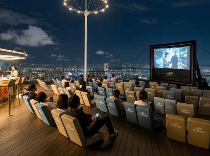 Outdoor movie screening setup at Marina Bay with people on picnic mats