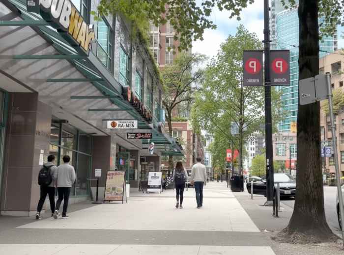 Street with a mix of chain and small restaurants on Robson Street