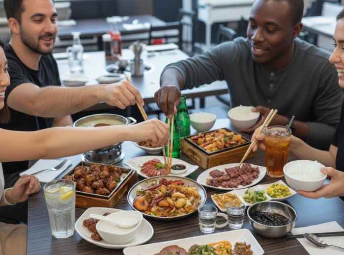 A family-style dining spread with dishes placed in the center for sharing