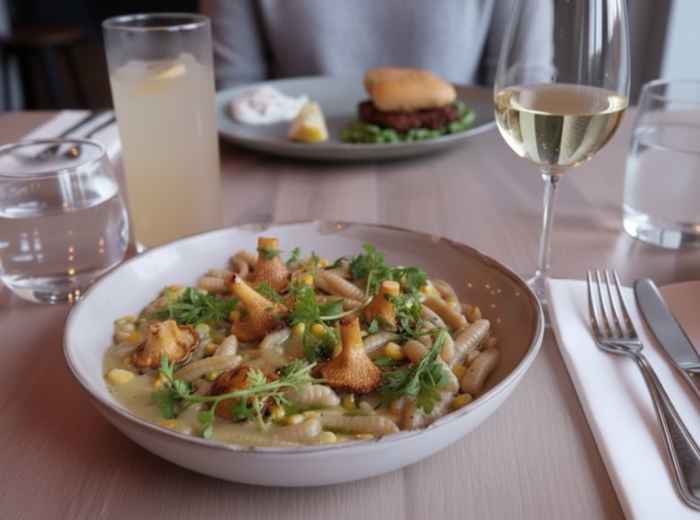 A plate of vegan gnocchi from The Acorn, rich, creamy, and topped with fresh herbs