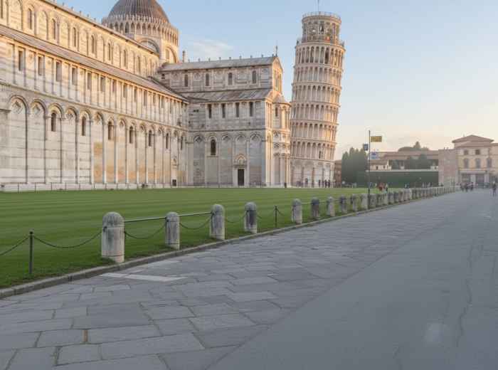 Morning at Leaning Tower and cathedral with minimal crowds