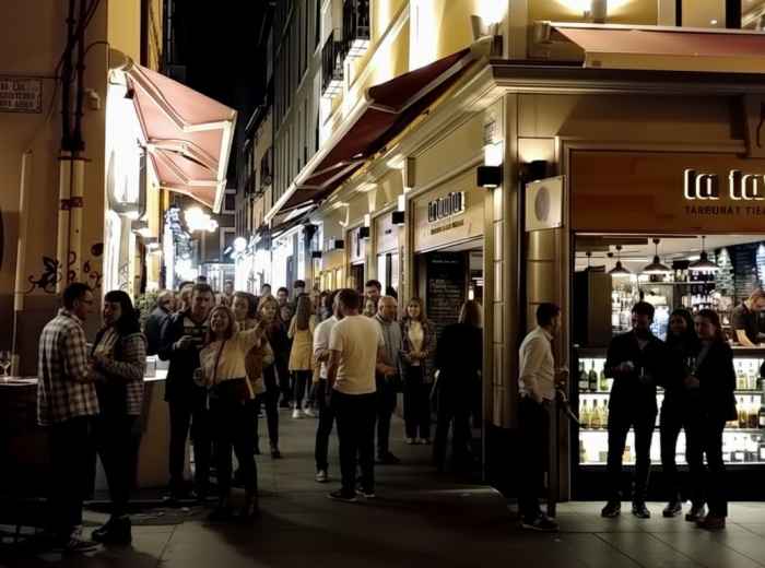 Calle del Laurel pinchos bars with people standing at counters