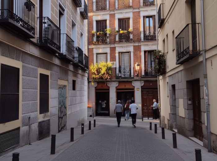Quiet side street at evening with few locals walking