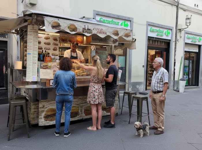 Traditional lampredotto sandwich being served from street food cart