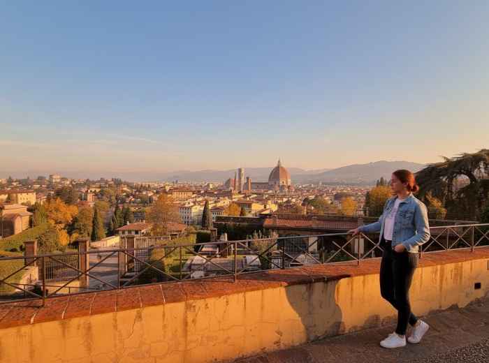 San Miniato al Monte terrace overlooking Florence at golden hour