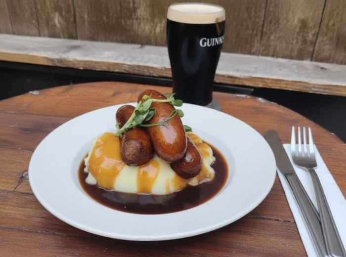 Traditional Irish food: Bangers, mash and Guinness 