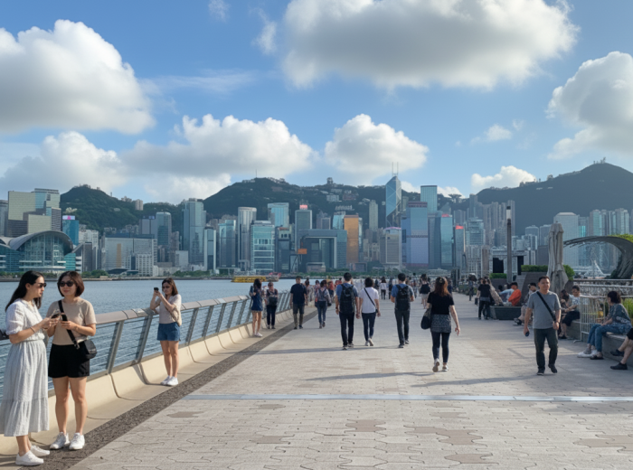 View of Hong Kong's skyline and tourists walking around