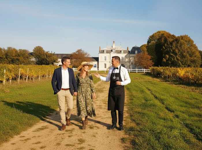 Golden vineyard rows in the Loire Valley with a château visible in the distance