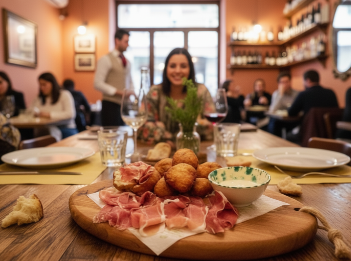Golden fried coccoli on a plate with creamy stracchino cheese and wine glass