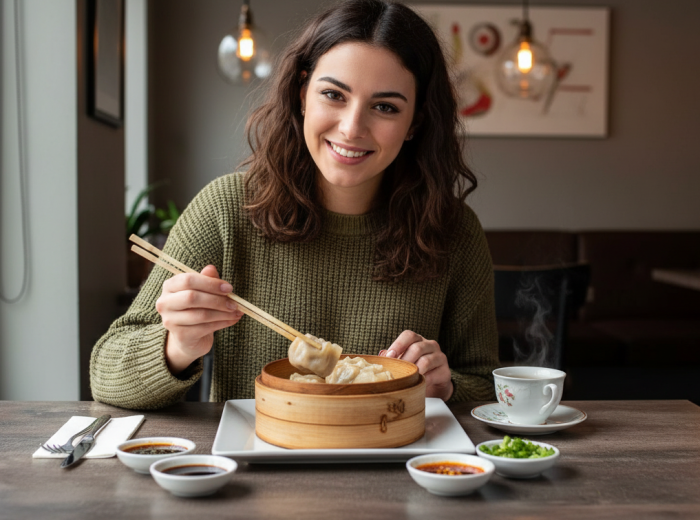Steaming dumplings in bamboo baskets on a worn wooden table