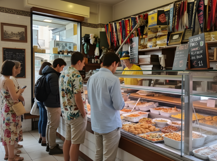 Small deli counter with salami hanging and owner making sandwiches for waiting customers