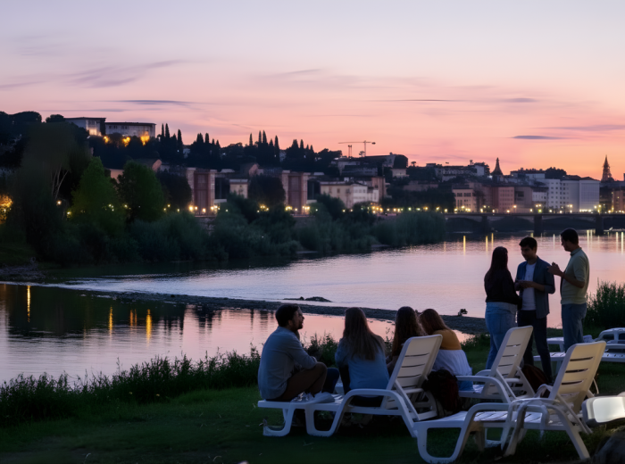 Riverside picnic spread with bread, cheese, melon, prosciutto, and wine bottle