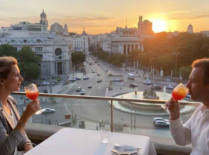 Madrid rooftops at sunset with Cibeles Fountain lit in distance