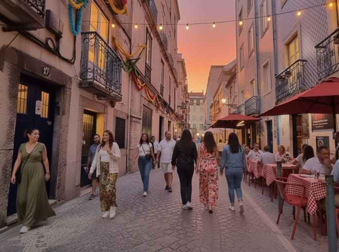 Crowds in a narrow Bairro Alto street with bars and restaurants at dusk