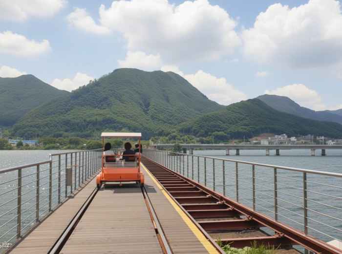 Chuncheon rail bike over the river track, mountains beyond