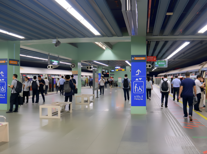 Commuters crossing an MRT concourse in soft morning light