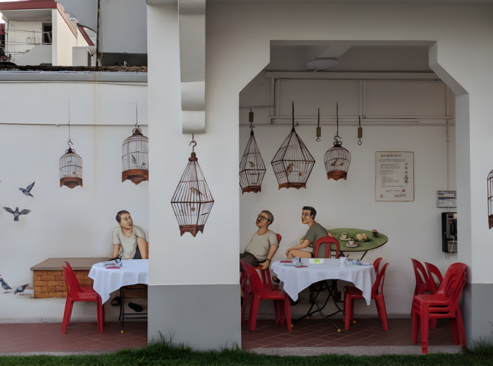 Art Deco HDB blocks in Tiong Bahru with residents walking below
