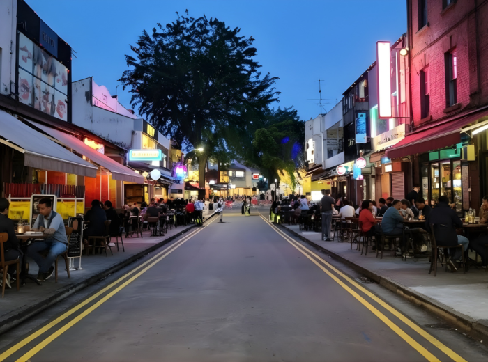 Residents walking past cafés in Holland Village on a quiet evening