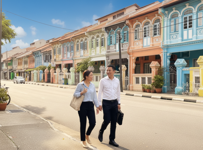 Morning walkers passing pastel shophouses in Joo Chiat