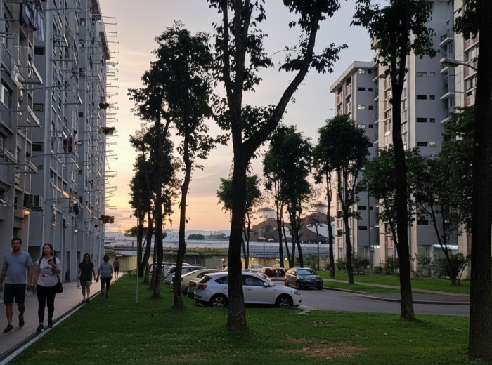 Residents strolling through an HDB void deck in soft evening light