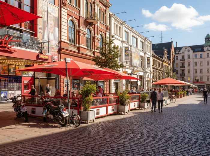 Quiet cobblestone street in Glockenbachviertel with cafés