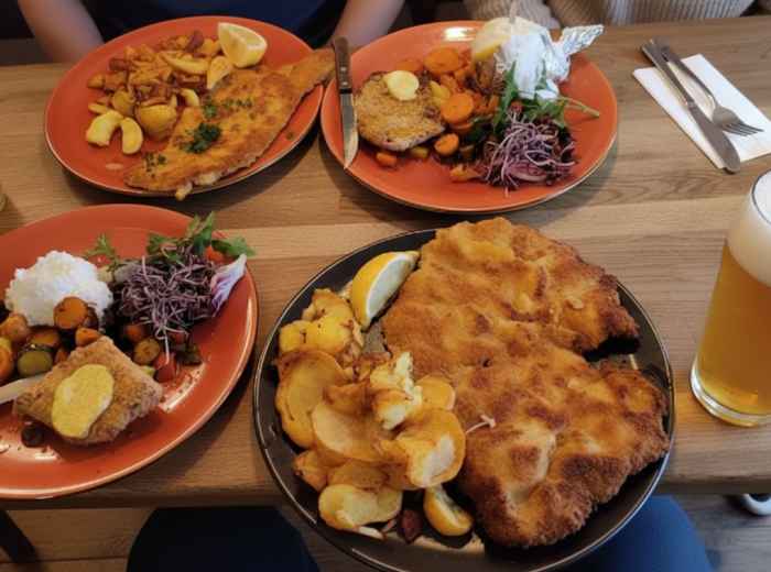 Classic Bavarian food spread and beer