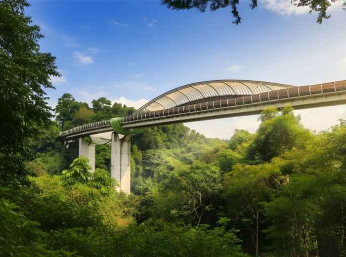 Henderson Waves curved bridge through forest canopy with city in distance