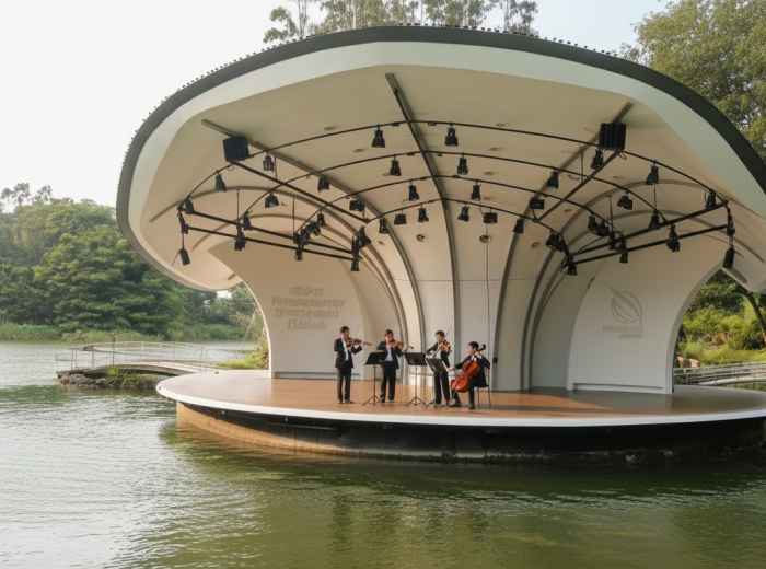Swan Lake reflection with historic bandstand and morning mist