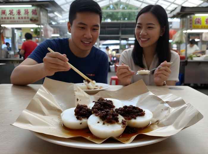 Steamed chwee kueh topped with preserved radish at market stall