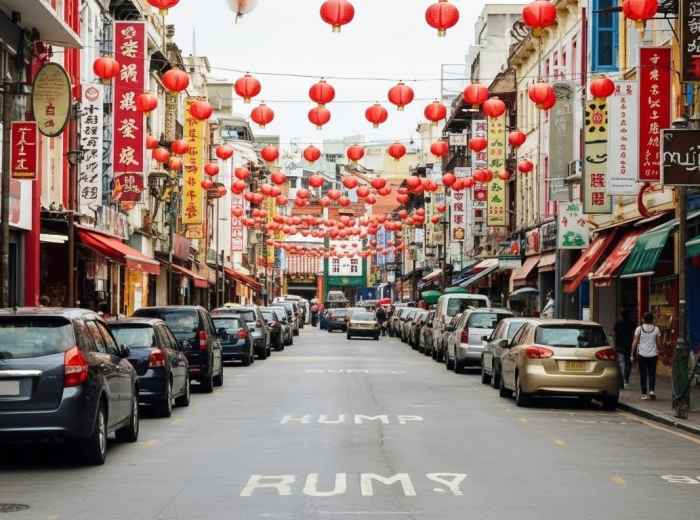 Red lanterns hanging over Chinatown street market with festive decorations