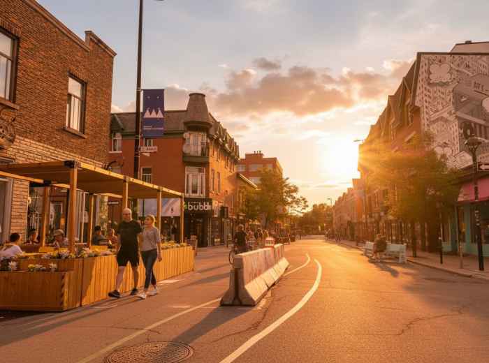 Golden hour light hitting Plateau Mount Royal street with locals at terraces