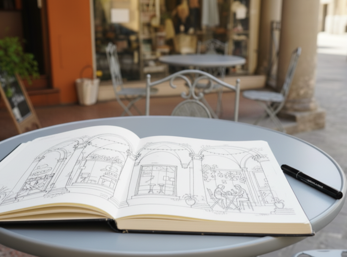 sketchbook open to drawing of porticos on a café table