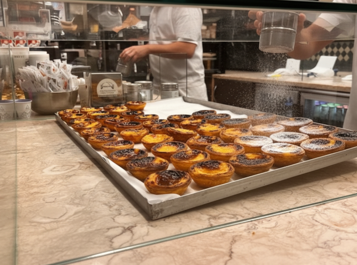 Tray of pastéis de nata being dusted with powdered sugar